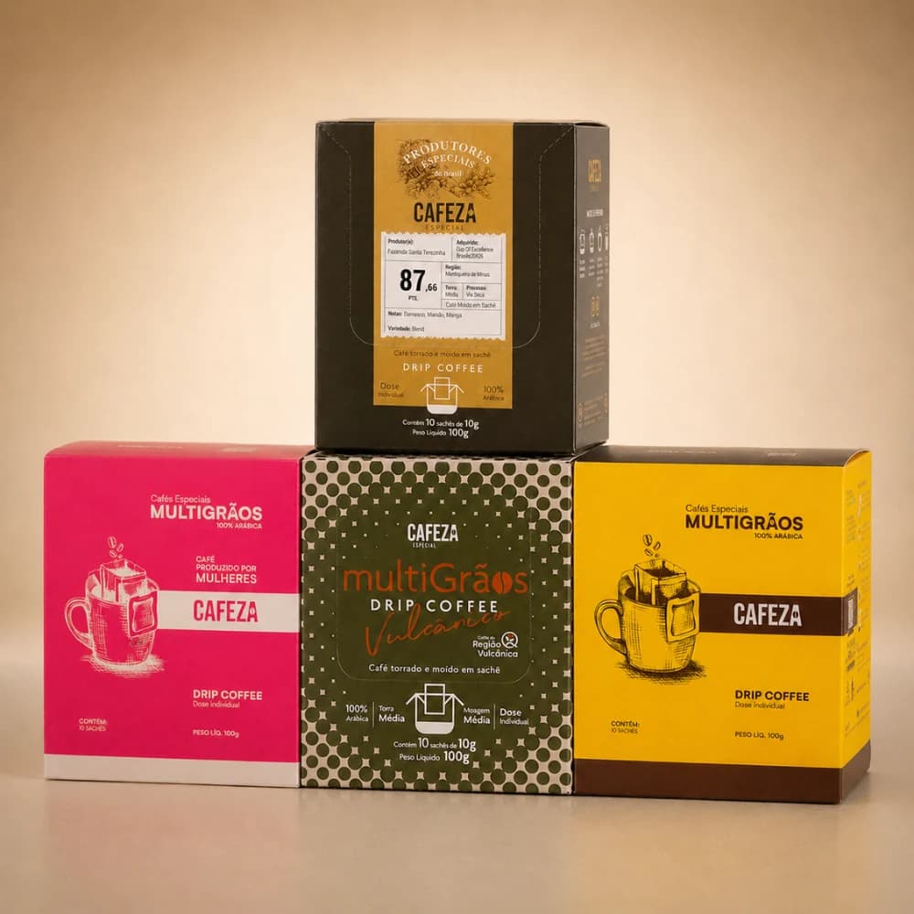 Kit Completo — 4 cafés · 40 doses, caixas CAFEZA empilhadas em pirâmide sobre fundo creme